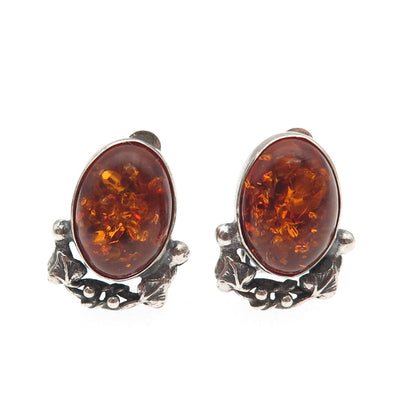 925 Sterling Silver Vintage BC Poland Real Amber Modernist Clip On Earrings