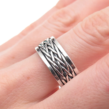925 Sterling Silver Vintage Braided Oxidized Rotating Band Ring Size 13