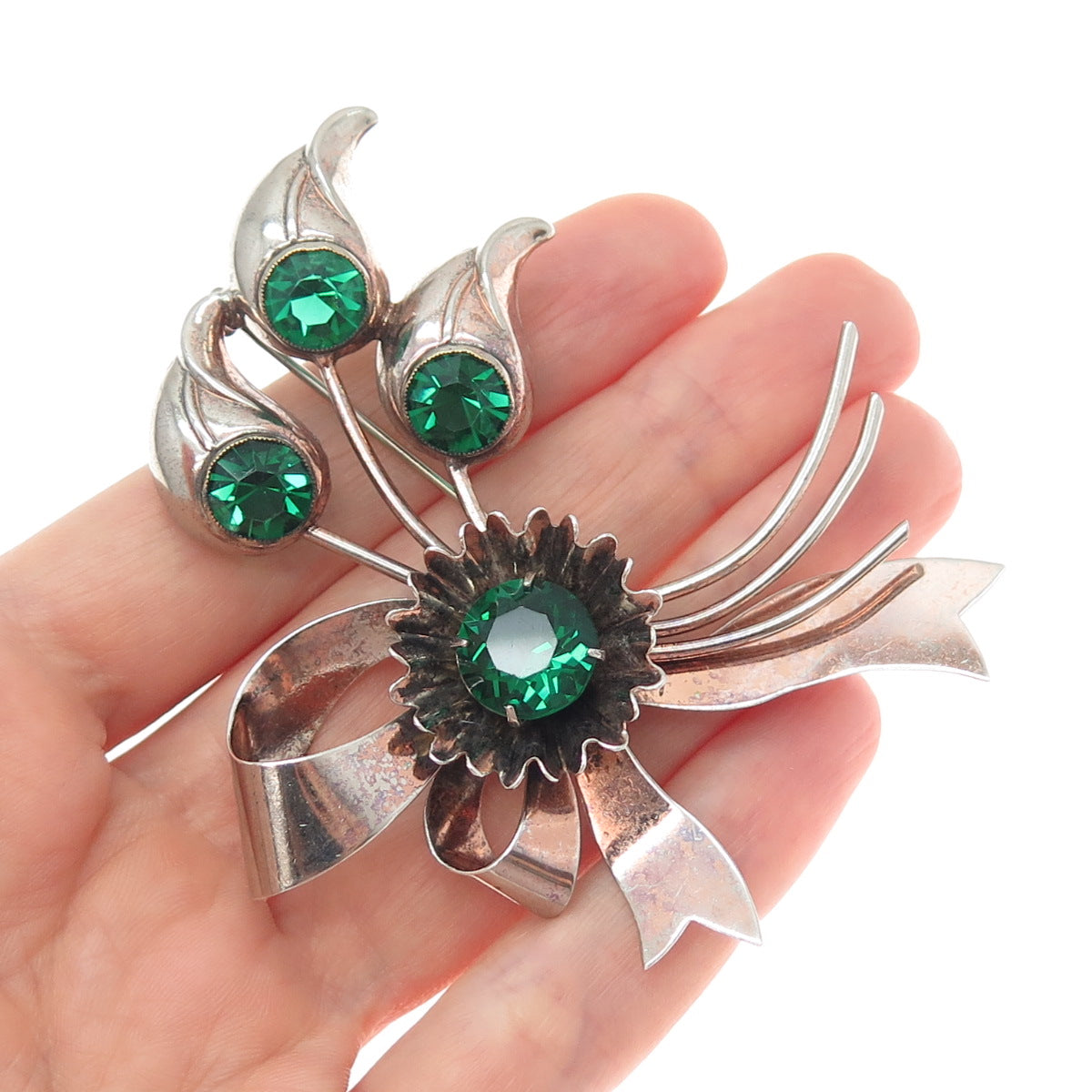 925 Sterling Silver Antique Art Deco Green Rhinestone Floral Leaf Bow Pin Brooch