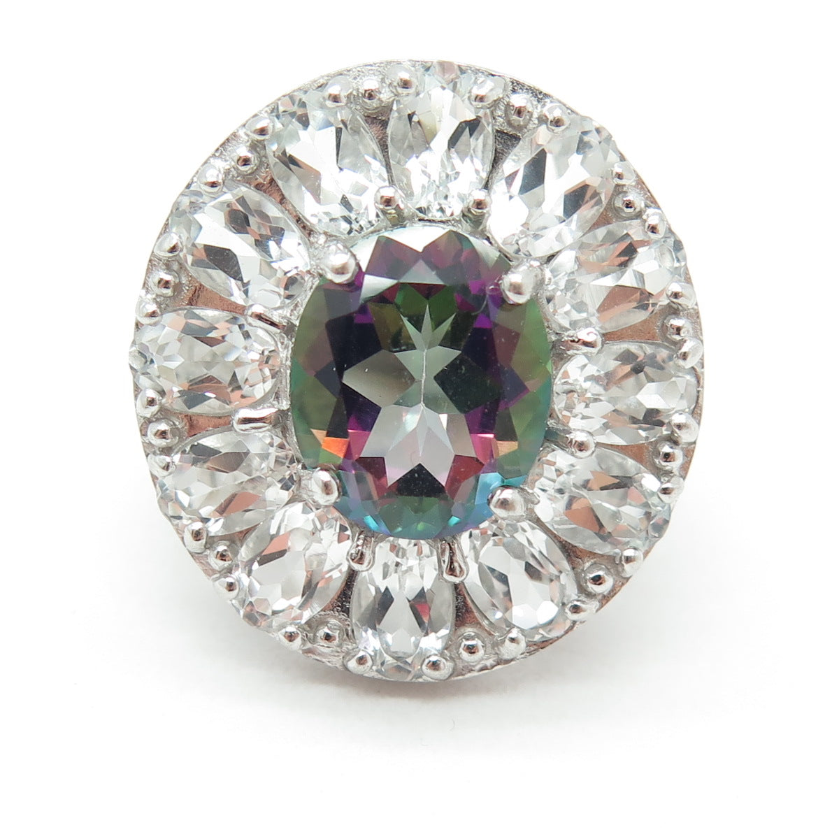 925 Sterling Silver Real Oval-Cut Mystic & White Topaz Ring Size 6.25