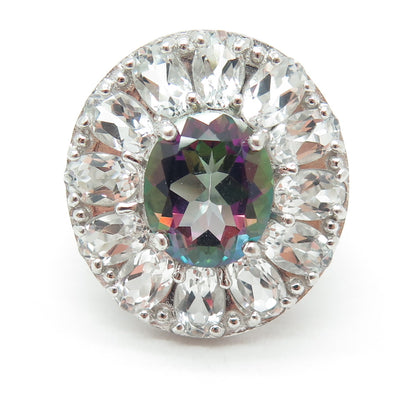 925 Sterling Silver Real Oval-Cut Mystic & White Topaz Ring Size 6.25