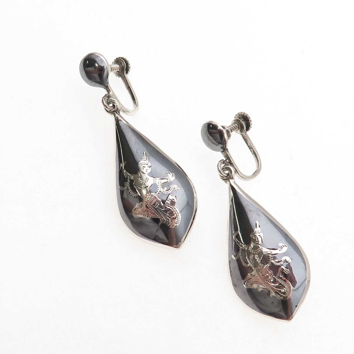 925 Sterling Antique Art Deco Siam Niello Hindu Goddess Screw Back Earrings
