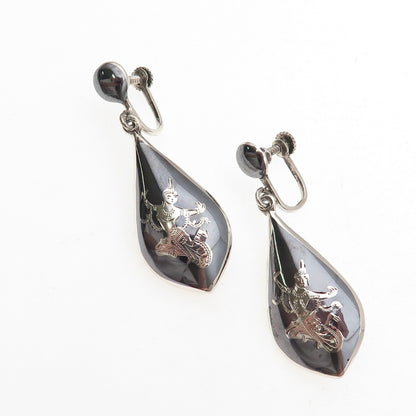 925 Sterling Antique Art Deco Siam Niello Hindu Goddess Screw Back Earrings