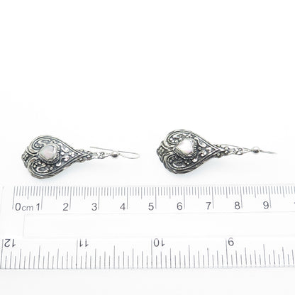 SILVER CLOUD 925 Sterling Silver Vintage Real MOP Heart Floral Oxidized Earrings