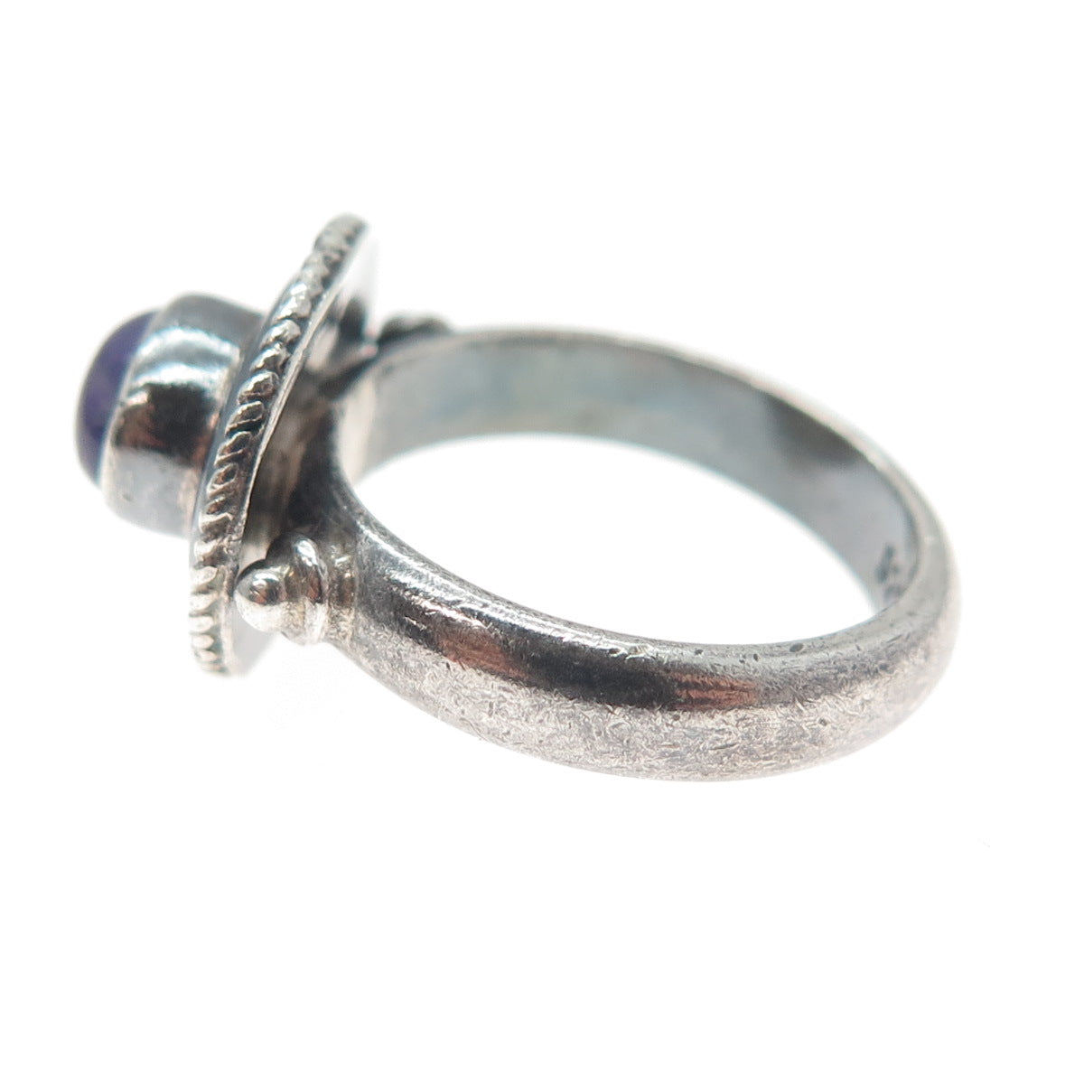 925 Sterling Silver Vintage Real Amethyst Modernist Oxidized Ring Size 7.25