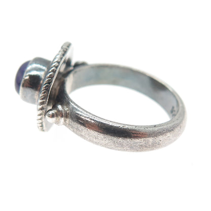 925 Sterling Silver Vintage Real Amethyst Modernist Oxidized Ring Size 7.25