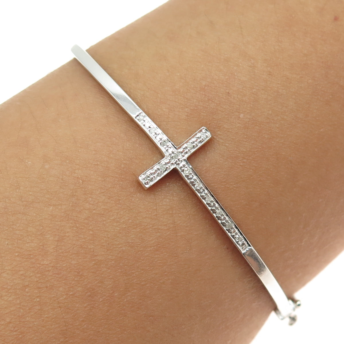 925 Sterling Silver Real Round-Cut Diamond Cross Bangle Bracelet 7"