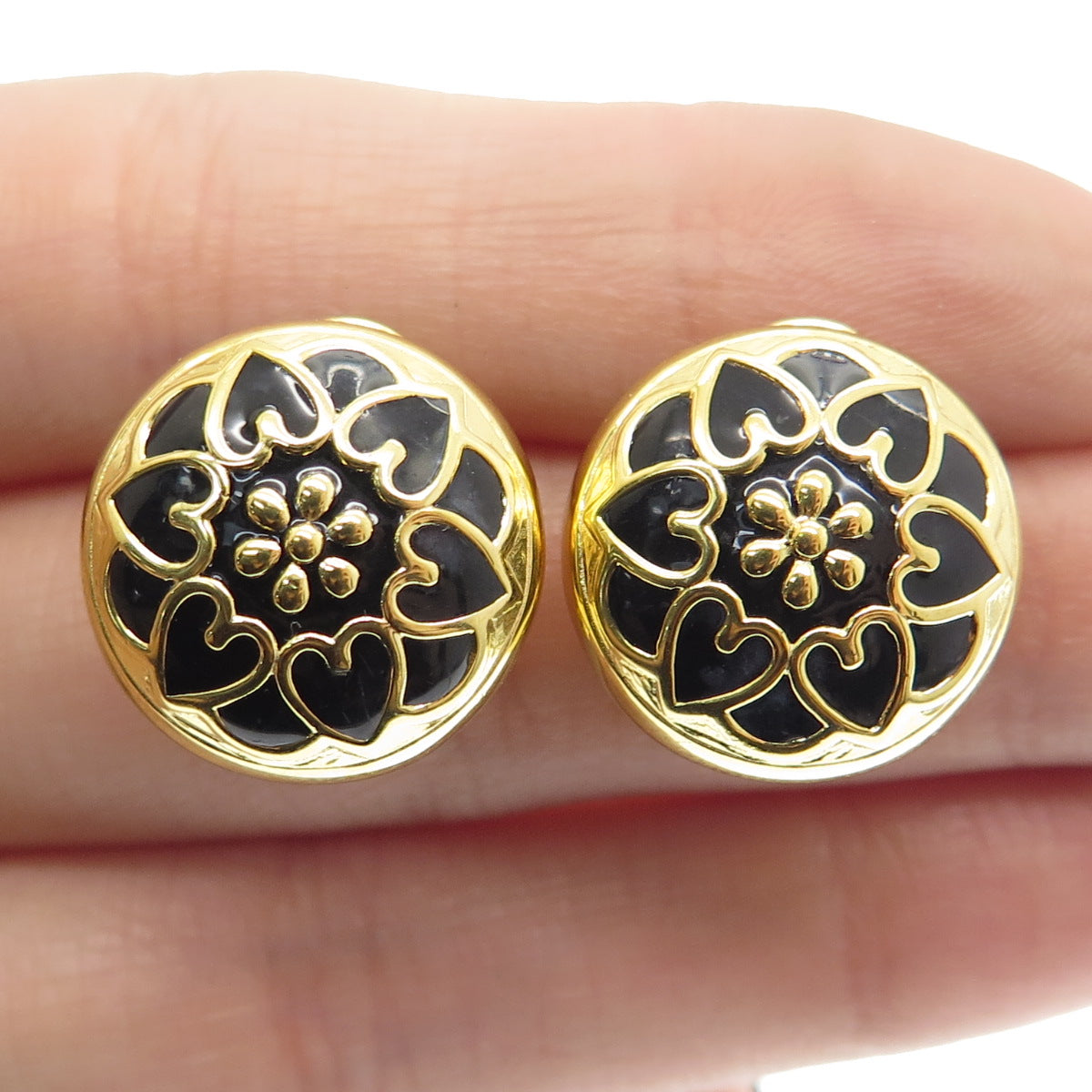 HAN 925 Sterling Silver Gold Plated Enamel Heart Floral Omega Back Earrings