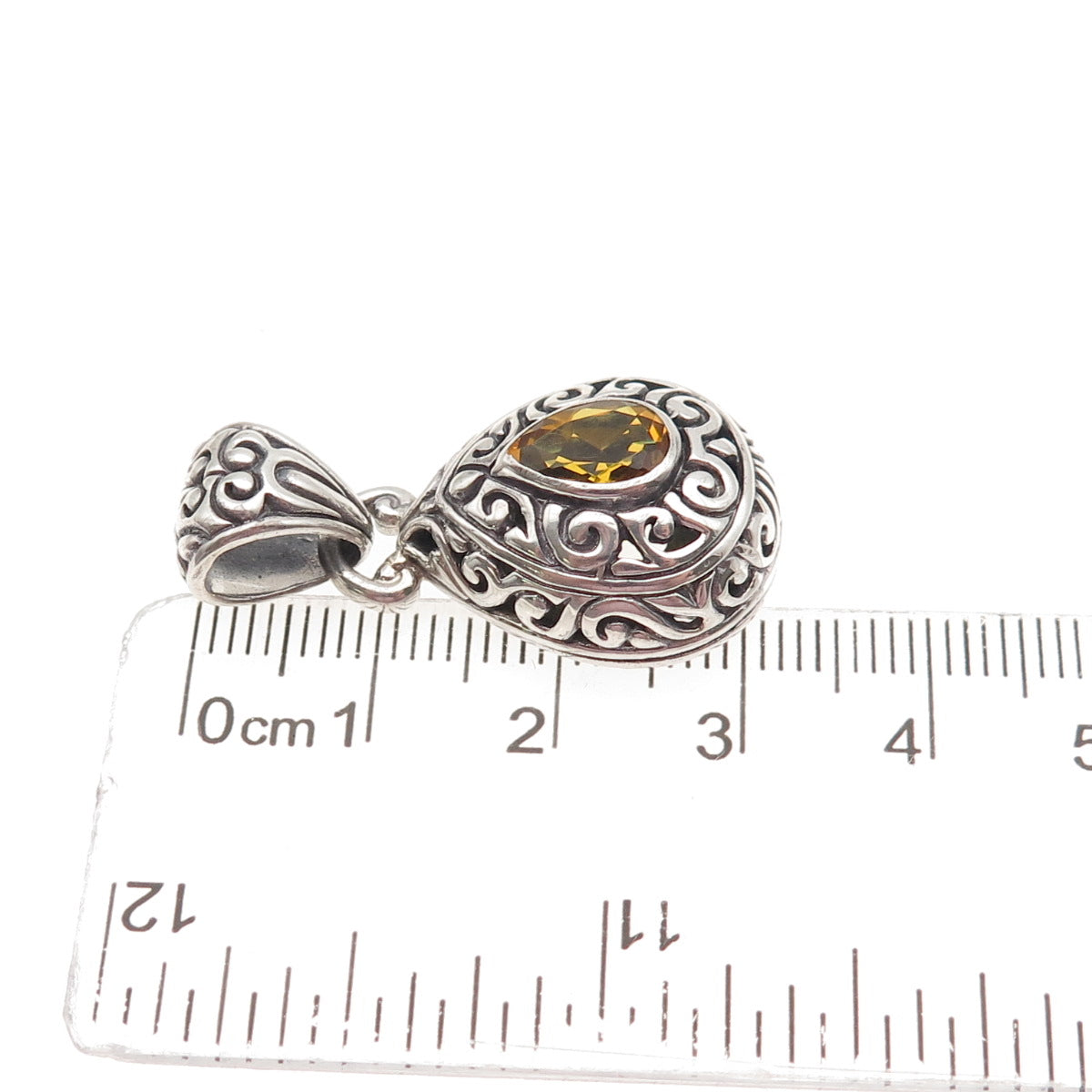 925 Sterling Silver Vintage Real Pear-Cut Citrine Swirl Charm Pendant
