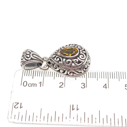 925 Sterling Silver Vintage Real Pear-Cut Citrine Swirl Charm Pendant