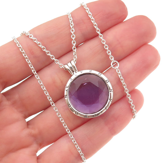 Pandora 925 Sterling Purple Glass Floating Locket Cable Chain Necklace 14-22"