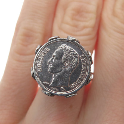 835 Silver Antique 1874-1876 Venezuela 5 Centavos Coin Oxidized Ring Size 4.5
