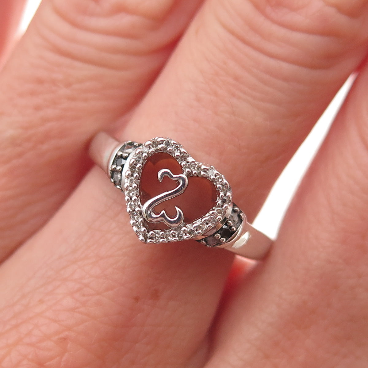 Jane Seymour 925 Sterling Silver Real Black & White Diamond Heart Ring Size 7