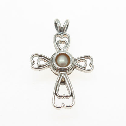 KABANA 925 Sterling Vintage Real Pearl Interchangeable Cage Heart Cross Pendant