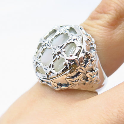 925 Sterling Silver Real Mother-of-Pearl Floral Domed Ring Size 5.75
