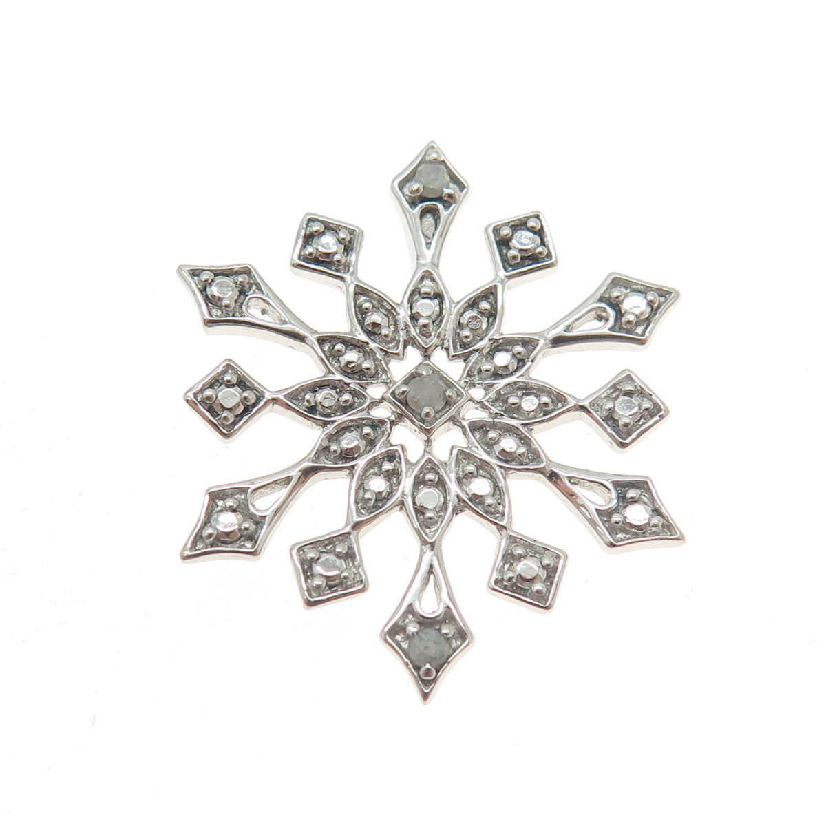 925 Sterling Silver Real Round-Cut Diamond Snowflake Pendant