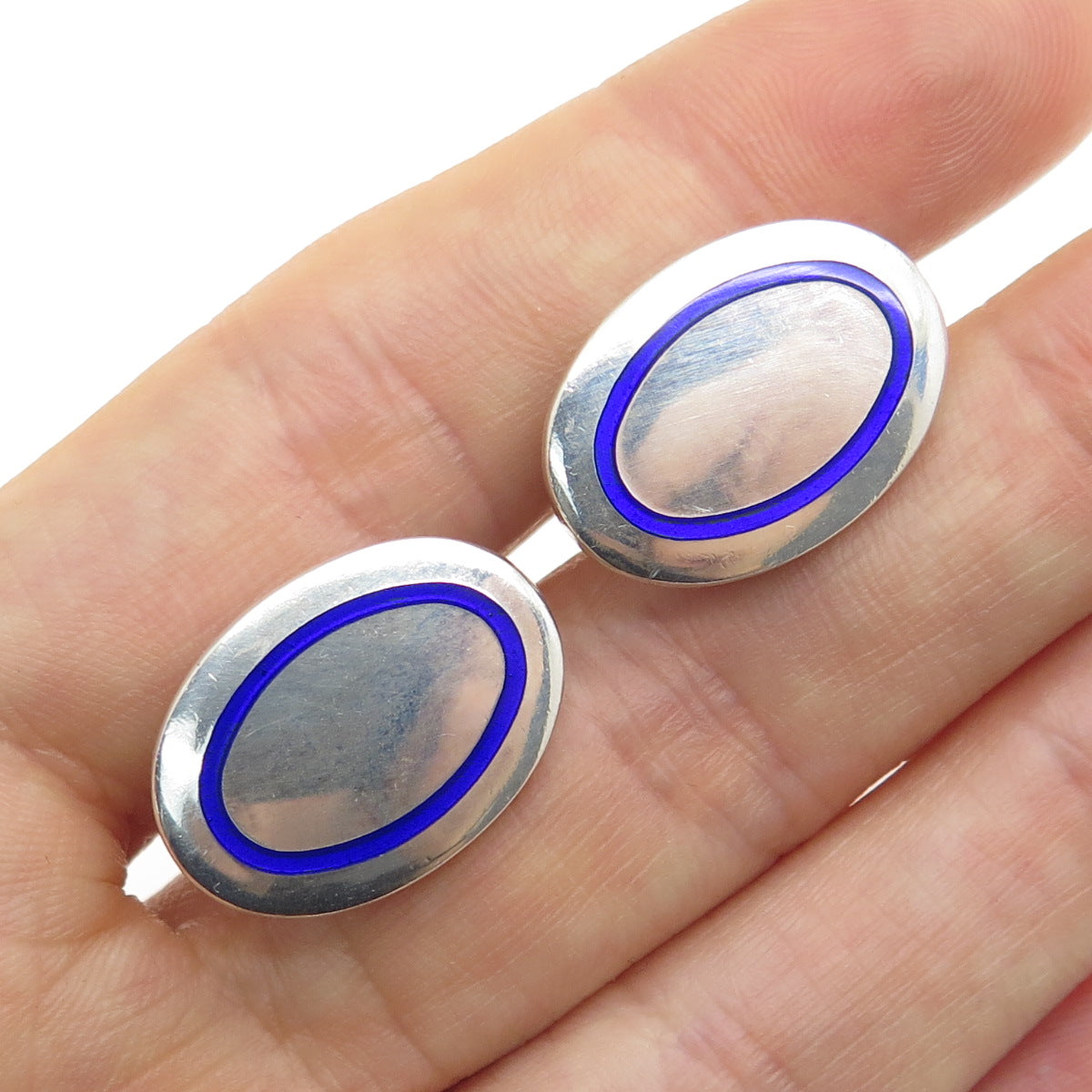 925 Sterling Silver Vintage Italy Blue Enamel Oval Cufflinks