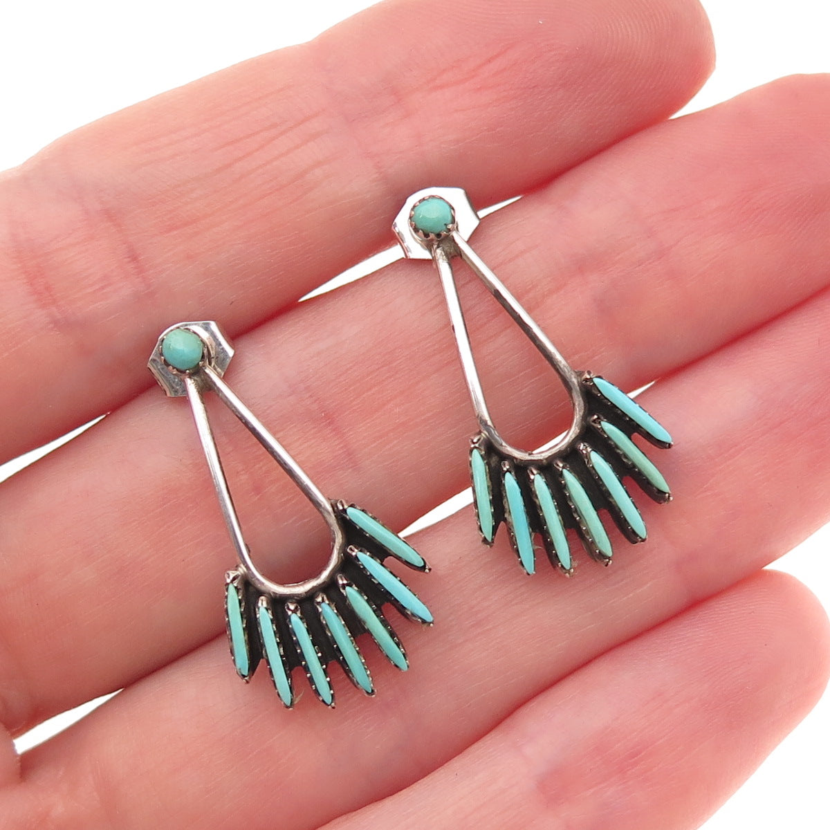 Old Pawn Sterling Silver Vintage Turquoise Needlepoint Tribal Dangle Earrings