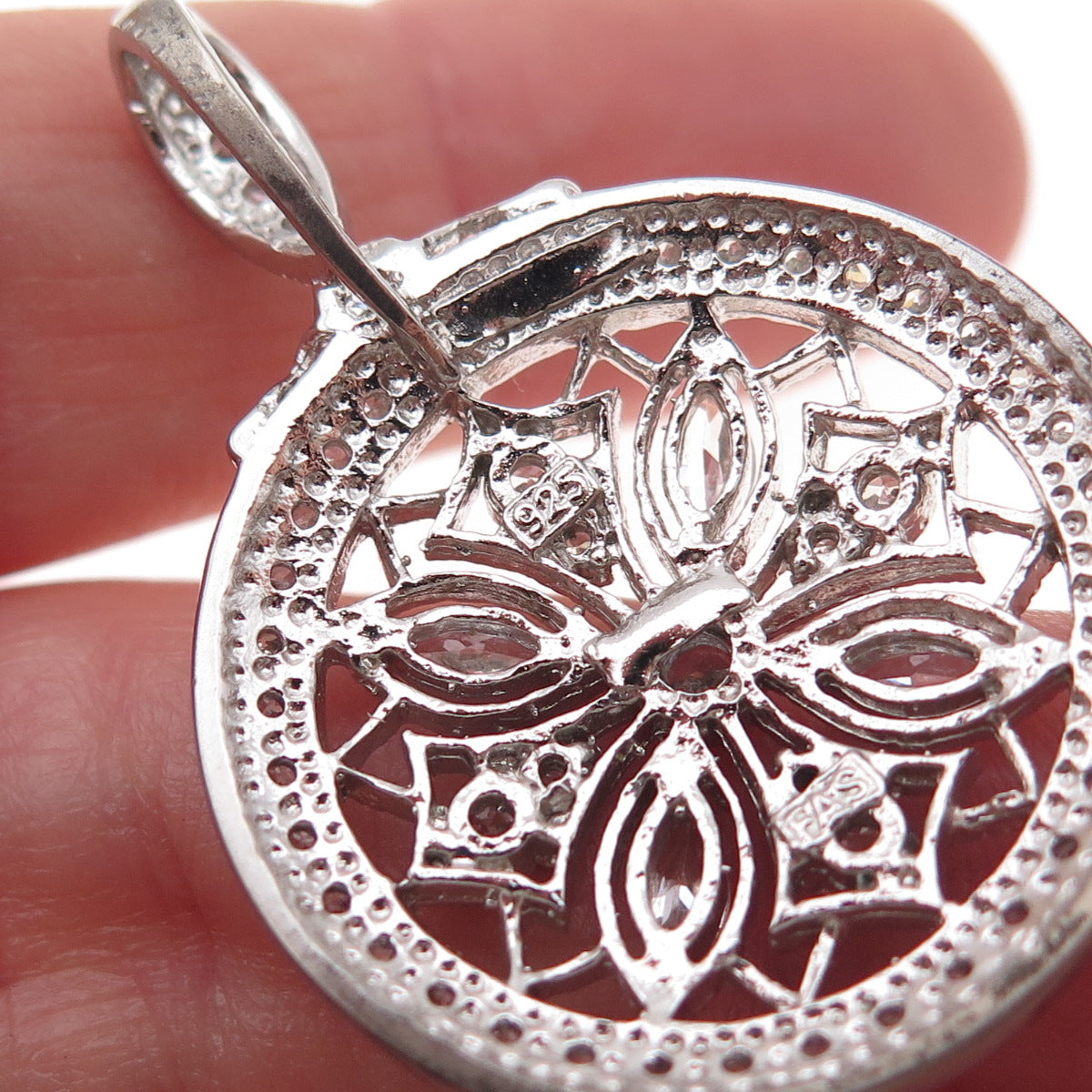 925 Sterling Silver Round & Marquise-Cut C Z Floral Circle of Life Pendant