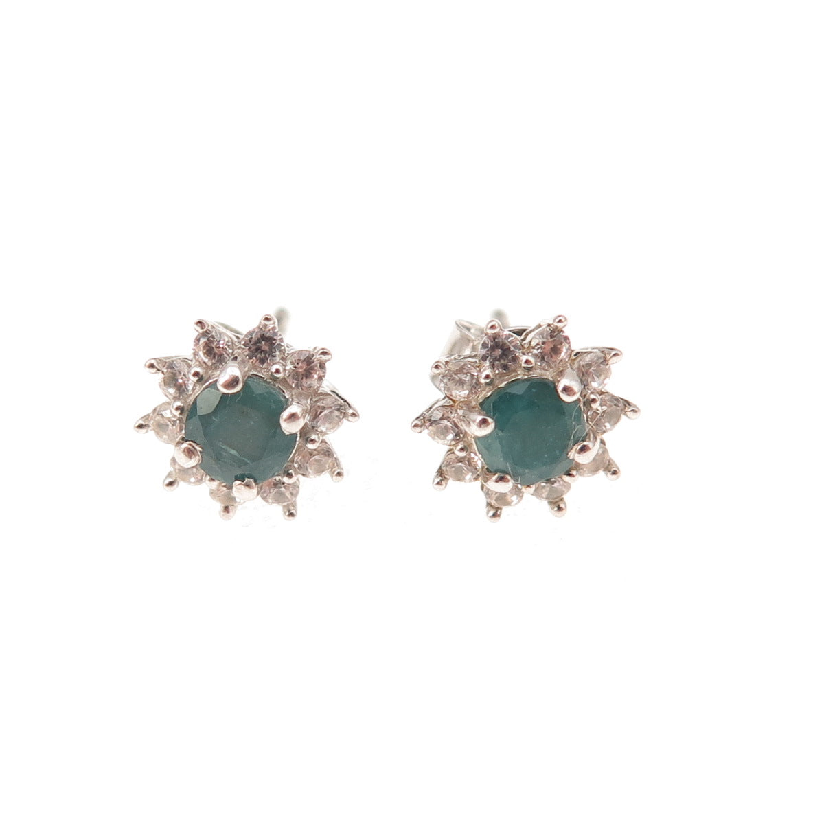 925 Sterling Silver Real Round-Cut Emerald & White Topaz Floral Stud Earrings