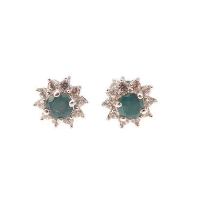 925 Sterling Silver Real Round-Cut Emerald & White Topaz Floral Stud Earrings
