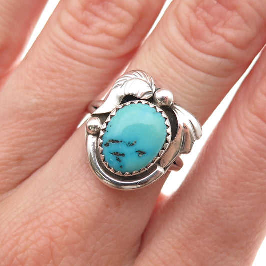 Old Pawn Sterling Silver Vintage Southwestern Turquoise Floral Ring Size 6.25