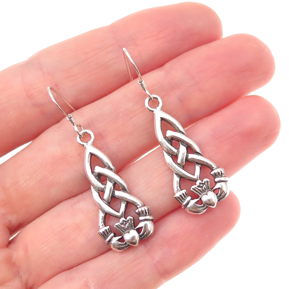 925 Sterling Silver Vintage Irish Claddagh Oxidized Dangle Earrings