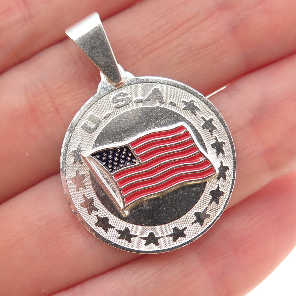 925 Sterling Silver Vintage Enamel USA Flag Round Tag Charm Pendant