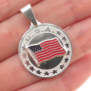 925 Sterling Silver Vintage Enamel USA Flag Round Tag Charm Pendant