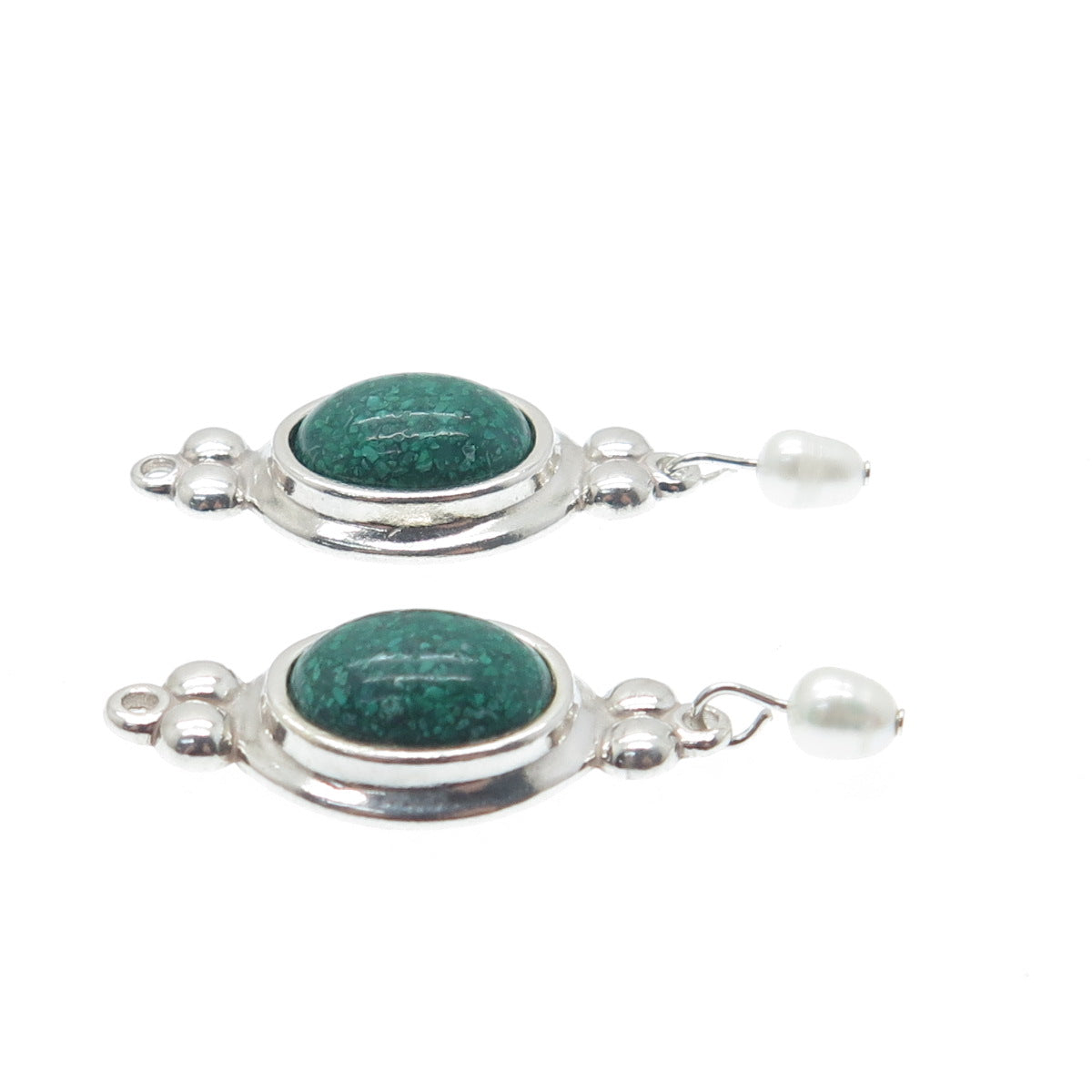 COLEMAN CO. Sterling Silver Vintage Real Malachite Inlay & Pearl Jacket Earrings