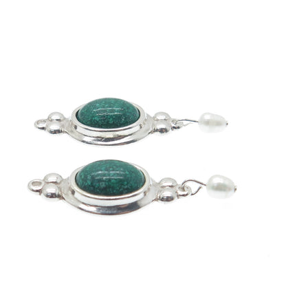 COLEMAN CO. Sterling Silver Vintage Real Malachite Inlay & Pearl Jacket Earrings