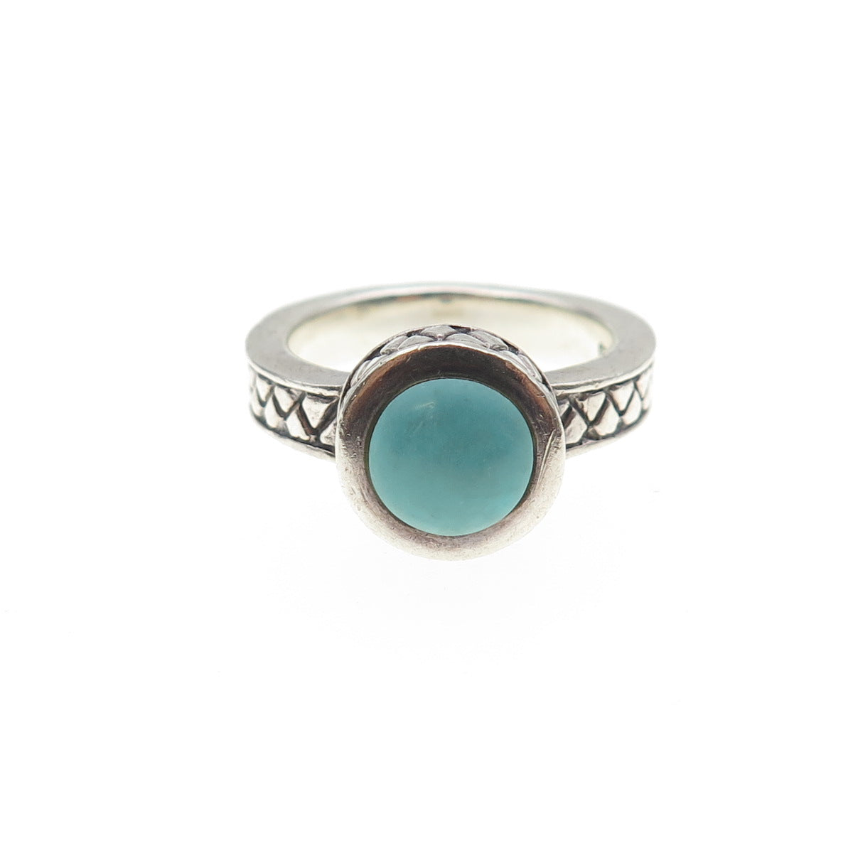 925 Sterling Silver Vintage Real Round-Cut Turquoise Oxidized Ring Size 6.75