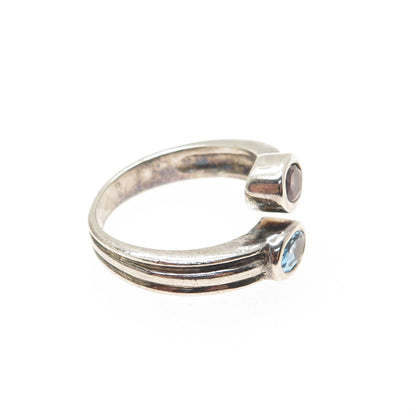 925 Sterling Silver Vintage Real Blue Topaz & Amethyst Adjustable Ring Size 7.75