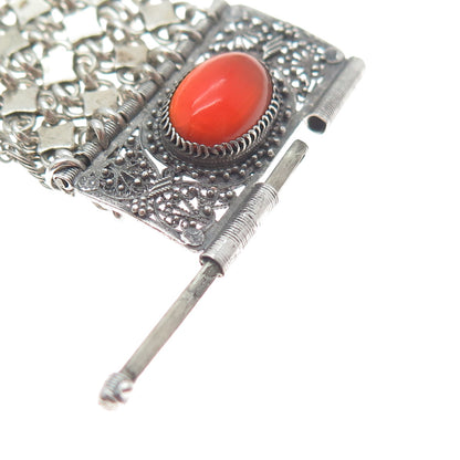 925 Sterling Silver Antique Real Carnelian Filigree Mesh Link Bracelet 6.75"