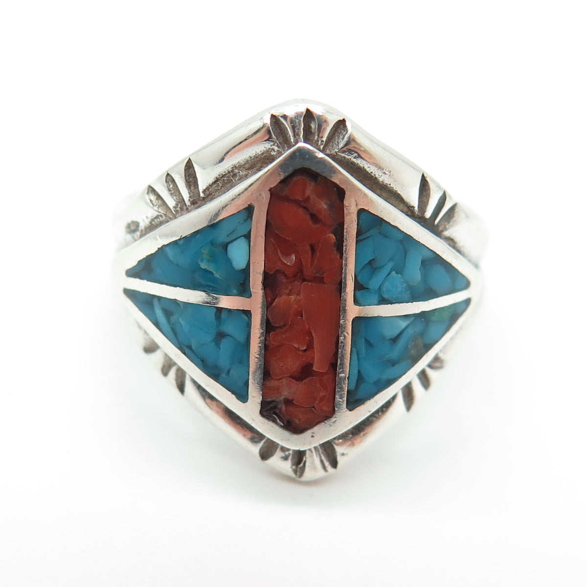 TIA LONG NAVAJO Old Pawn Sterling Silver Turquoise & Coral Inlay Ring Size 8.75