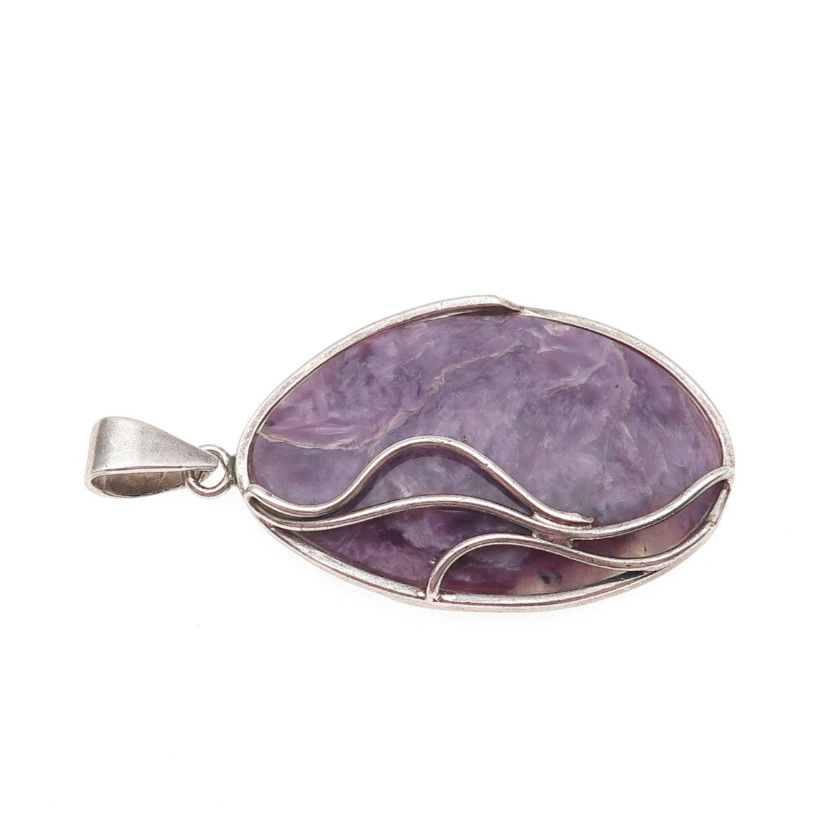 925 Sterling Silver Vintage Real Charoite Modernist Large Pendant