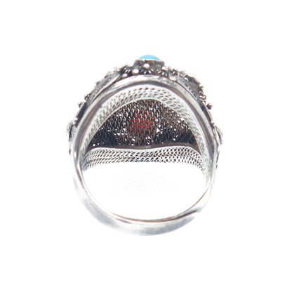 925 Sterling Antique China Turquoise Coral Ring Size 5.25 (missing 3 stones)