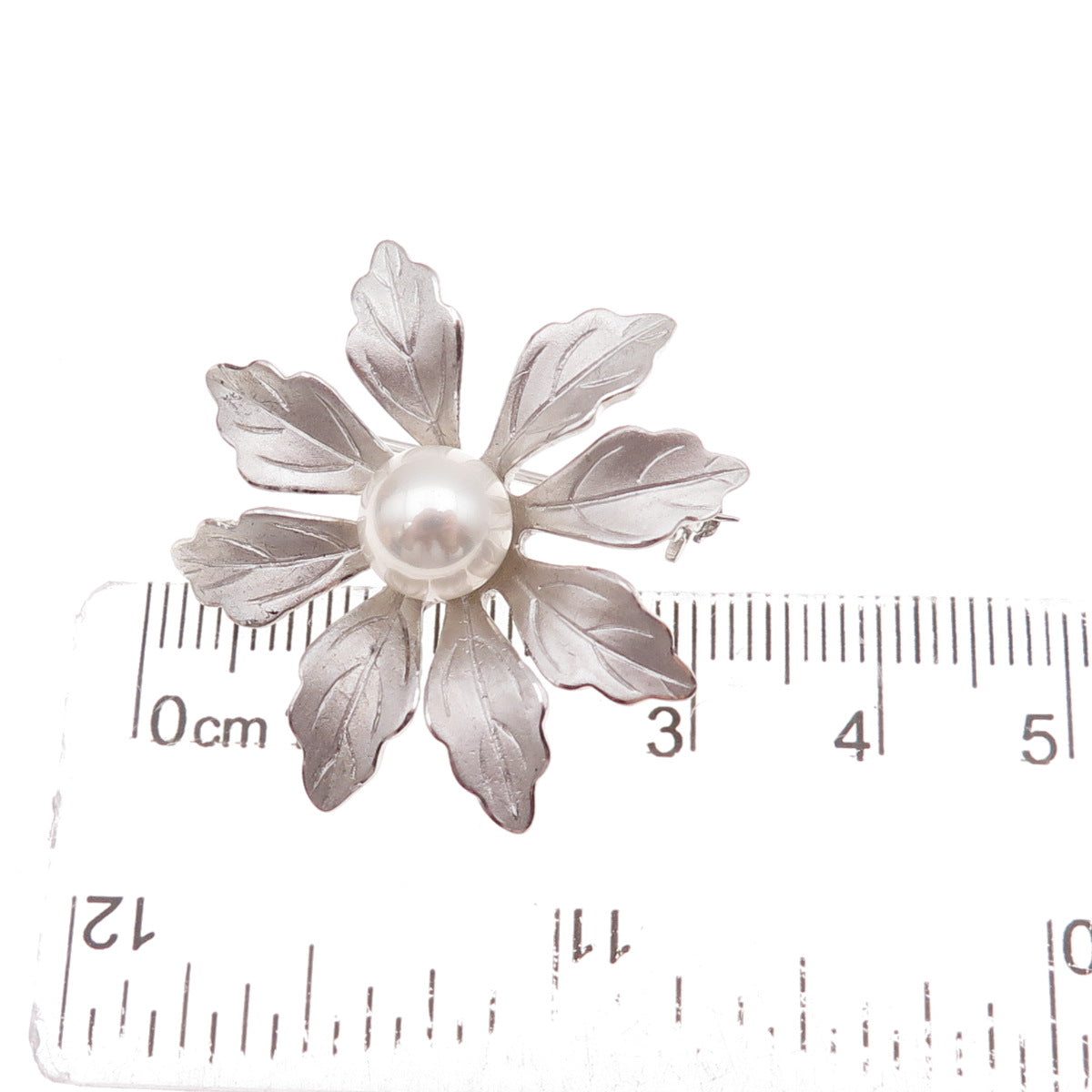 925 Sterling Silver Vintage Faux Pearl Floral Pin Brooch