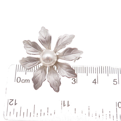 925 Sterling Silver Vintage Faux Pearl Floral Pin Brooch
