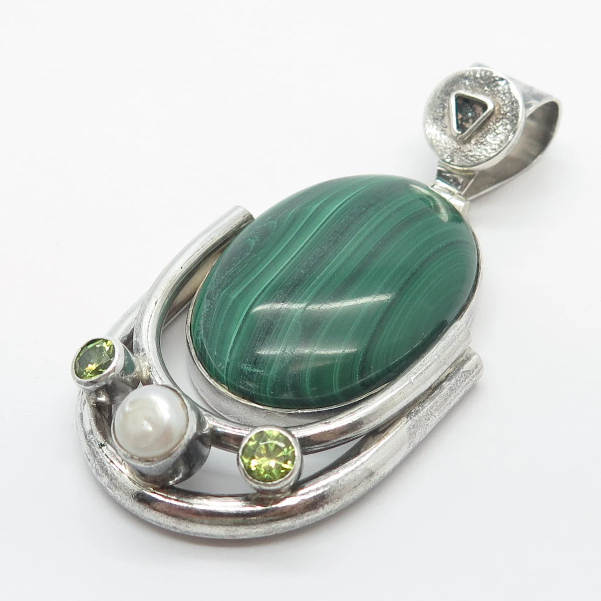 925 Sterling Silver Vintage Real Malachite Peridot Gemstone & Pearl Pendant