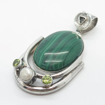 925 Sterling Silver Vintage Real Malachite Peridot Gemstone & Pearl Pendant