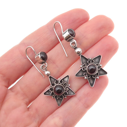925 Sterling Silver Vintage Real Red Garnet Star Oxidized Dangle Earrings