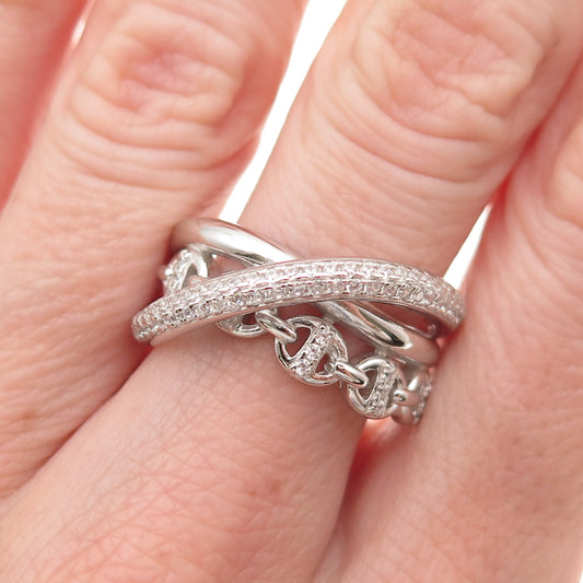 925 Sterling Silver Round-Cut C Z Multi-Chain Crisscross Ring Size 9.25