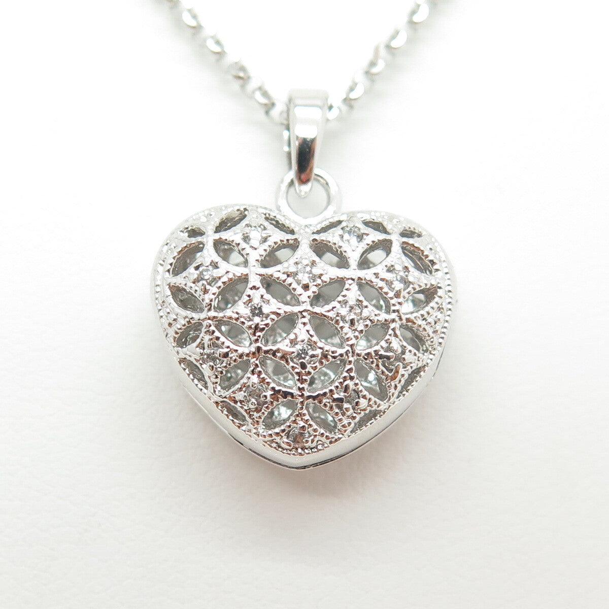 925 Sterling Silver Italy Round-Cut C Z Locket Heart Cable Chain Necklace 16"