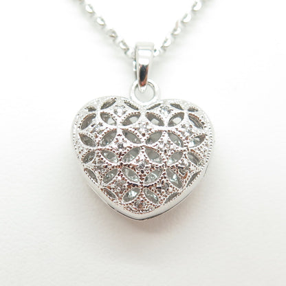 925 Sterling Silver Italy Round-Cut C Z Locket Heart Cable Chain Necklace 16"