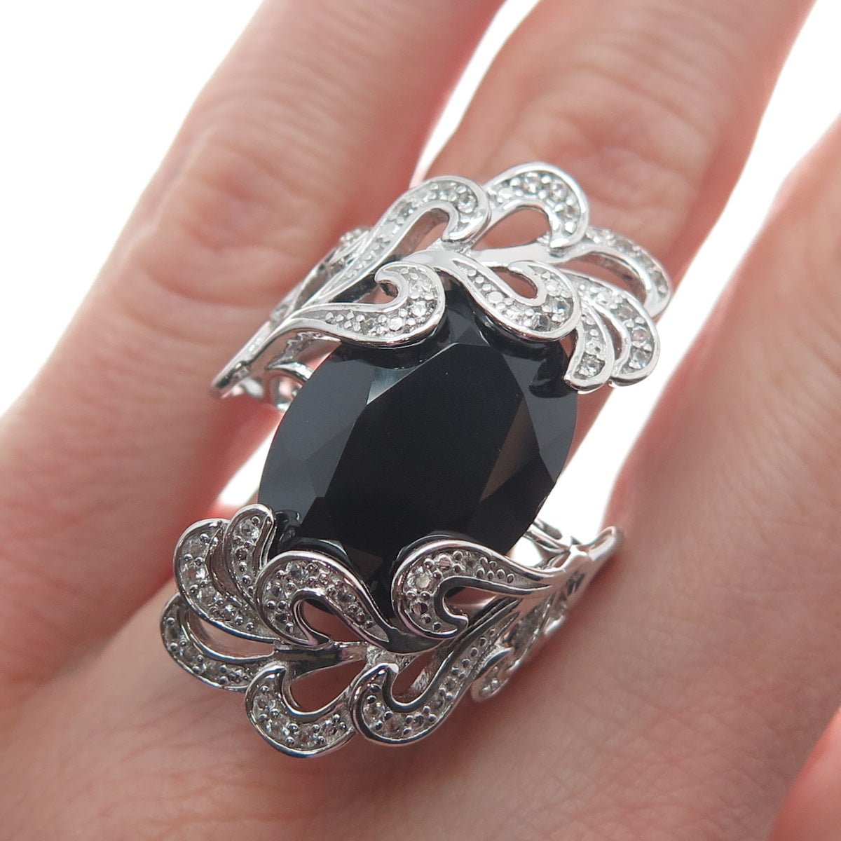 CHUCK CLEMENCY 925 Sterling Silver Real Black Spinel White Topaz Ring Size 7.25