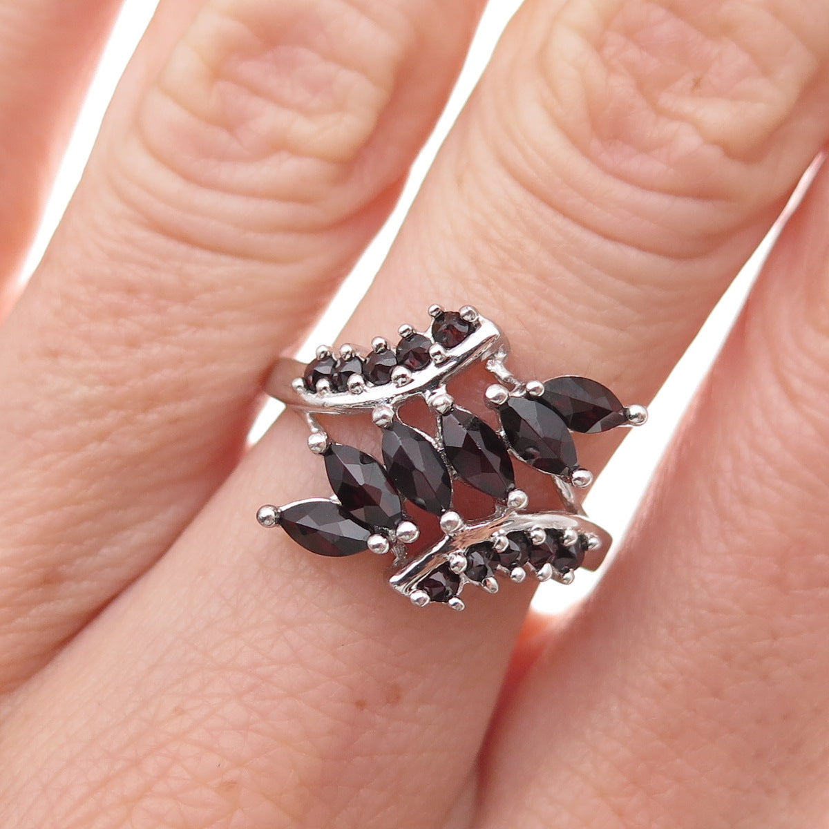925 Sterling Silver Vintage Real Marquise & Round-Cut Red Garnet Ring Size 7