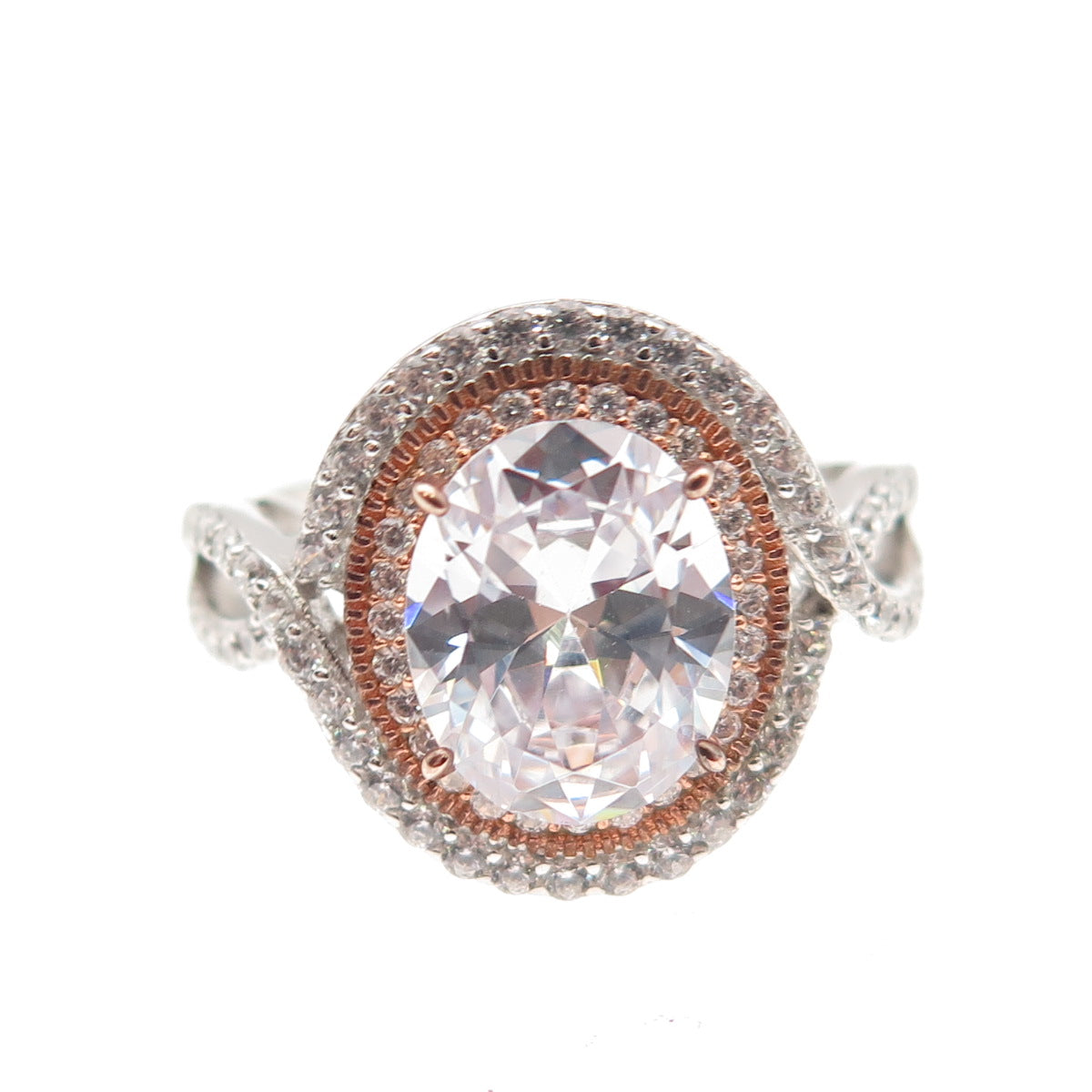 DSMK 925 Sterling Silver 2-Tone Oval & Round-Cut C Z Engagement Ring Size 7.25