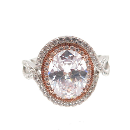 DSMK 925 Sterling Silver 2-Tone Oval & Round-Cut C Z Engagement Ring Size 7.25