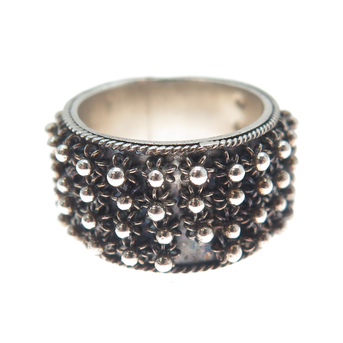 800 Silver Vintage Oxidized Cannetille Band Ring Size 6.25 (missing 1 piece)